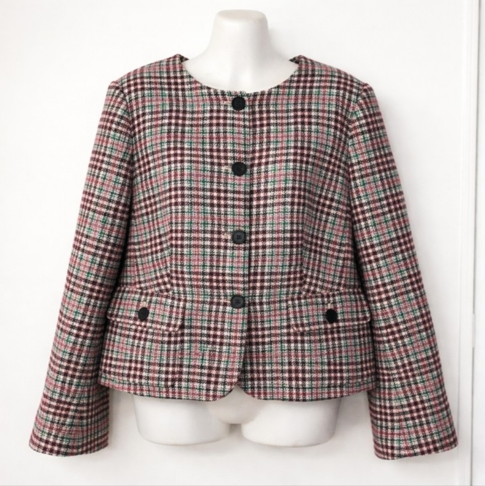 Talbots Vtg Womens Boxy Crop Blazer Jacket Size 12 Black Pink Green Plaid